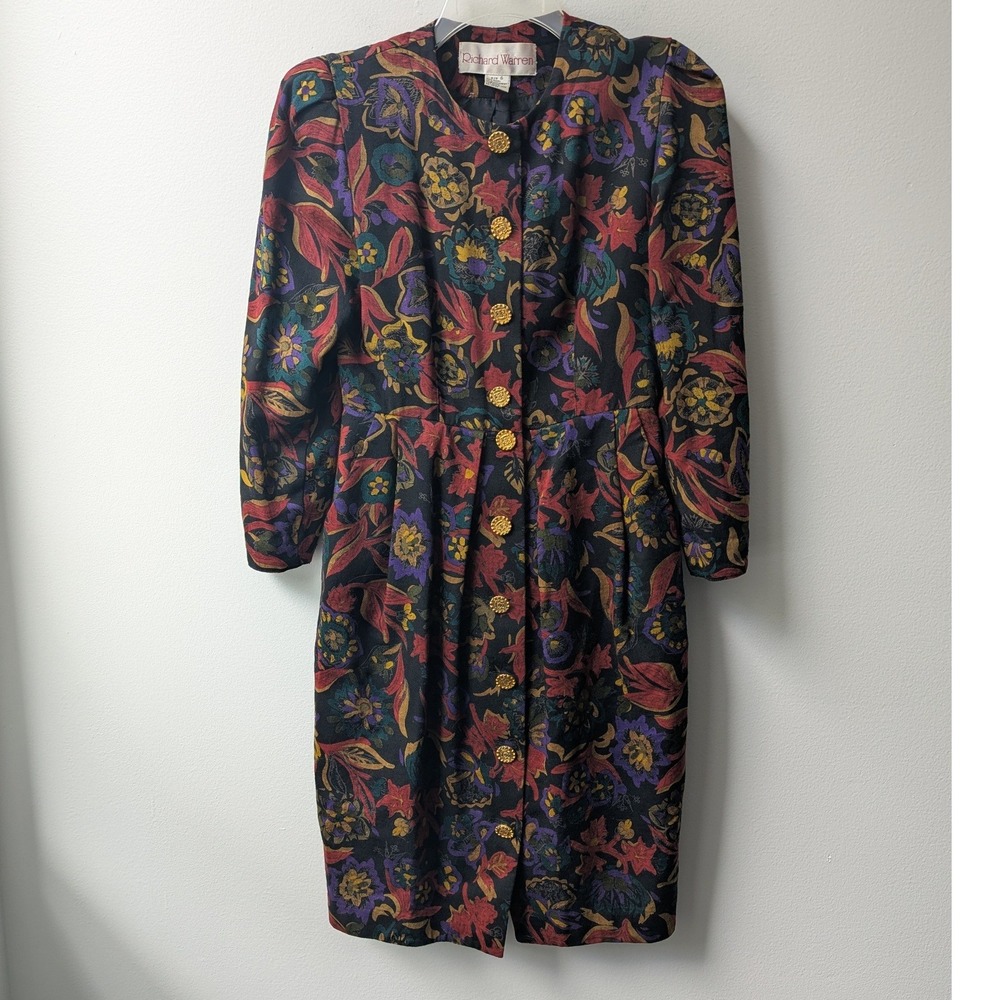 Vtg Richard Warren Dress Black Floral Wool Ornate Buttons Front Pleated Sz 6
